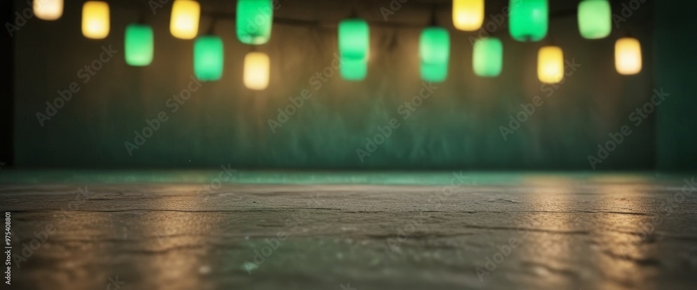 Poster a dimly lit room with a concrete floor and a string of hanging lanterns in green and yellow colors.