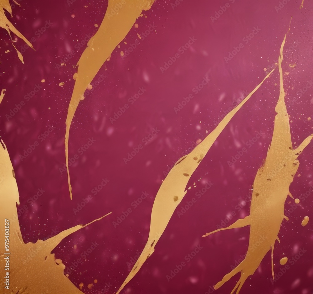 Poster a close-up view of a textured surface with a maroon background and gold splatters.
