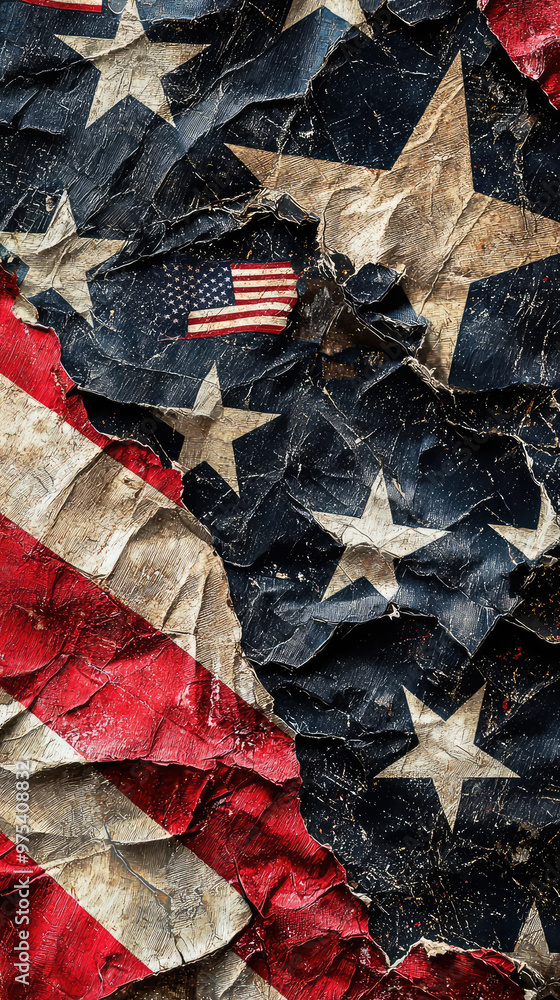 Poster image features an abstract patchwork design with fragments of american flags, showcasing textured an