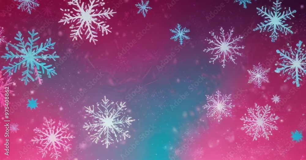 Poster a vibrant display of snowflakes in various shades of blue and pink against a gradient background, cr