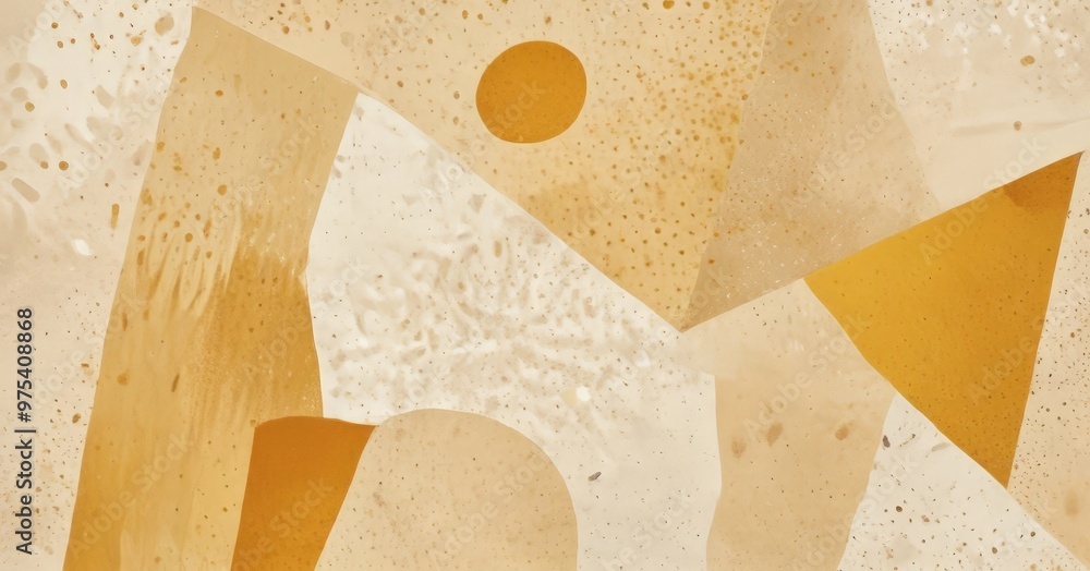 Aufkleber an abstract composition of overlapping shapes in various shades of yellow and beige, with a central 