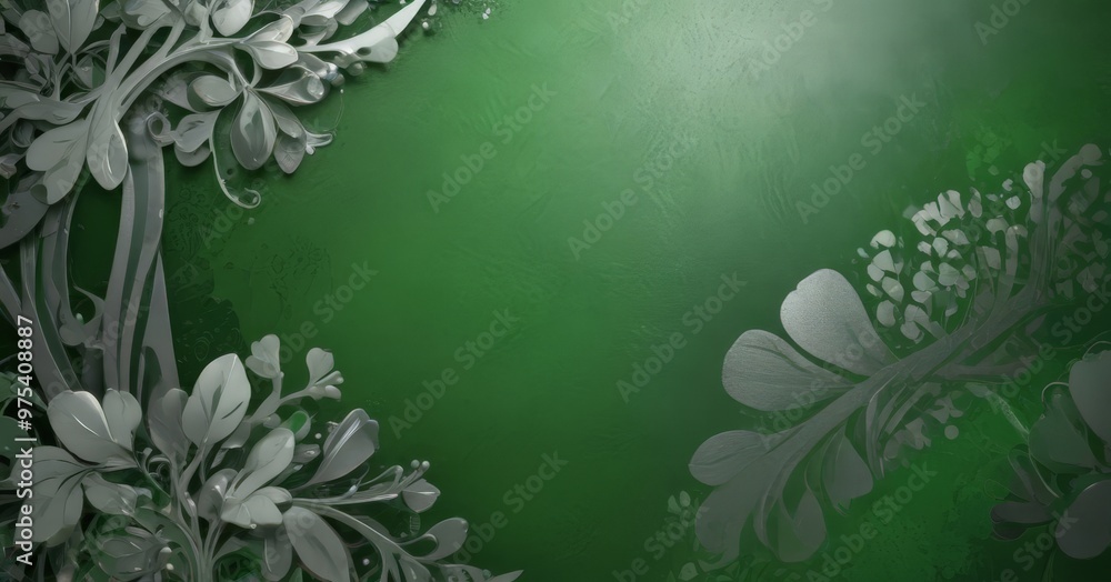 Poster a green background with a white floral design on the left and right sides, creating a symmetrical an
