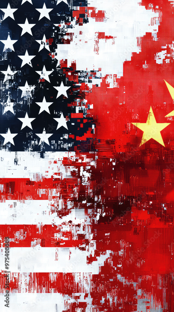 Poster abstract pixel art representation of american and chinese flags blending together, showcasing unique
