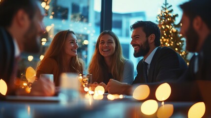 A group of colleagues sharing laughter at a festive holiday gathering, with Christmas lights and decorations creating a warm atmosphere in the background.