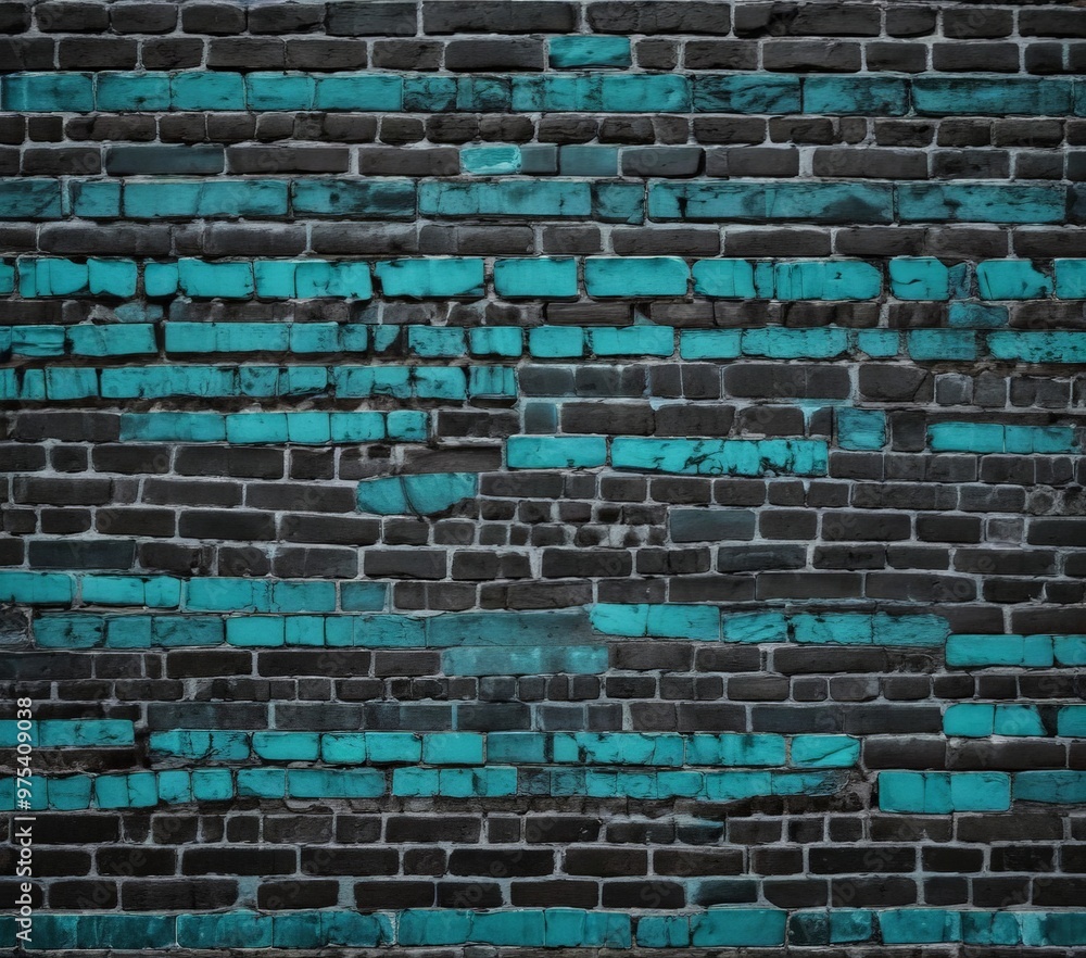 Poster a close-up view of a brick wall with alternating dark and light blue bricks, creating a textured and
