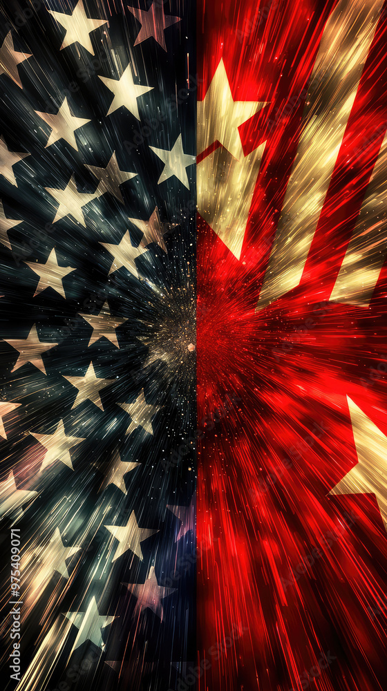 Poster abstract radial blur blending of american and chinese flags creates dynamic visual effect. vibrant c
