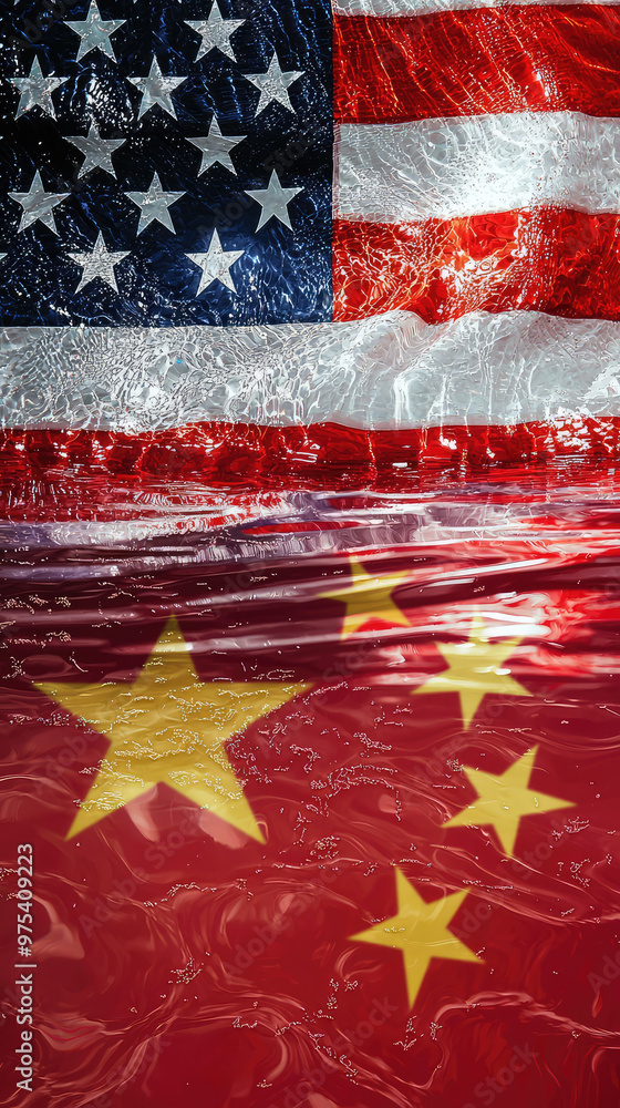 Poster image showcases an abstract reflection of american and chinese flags in water, symbolizing connectio