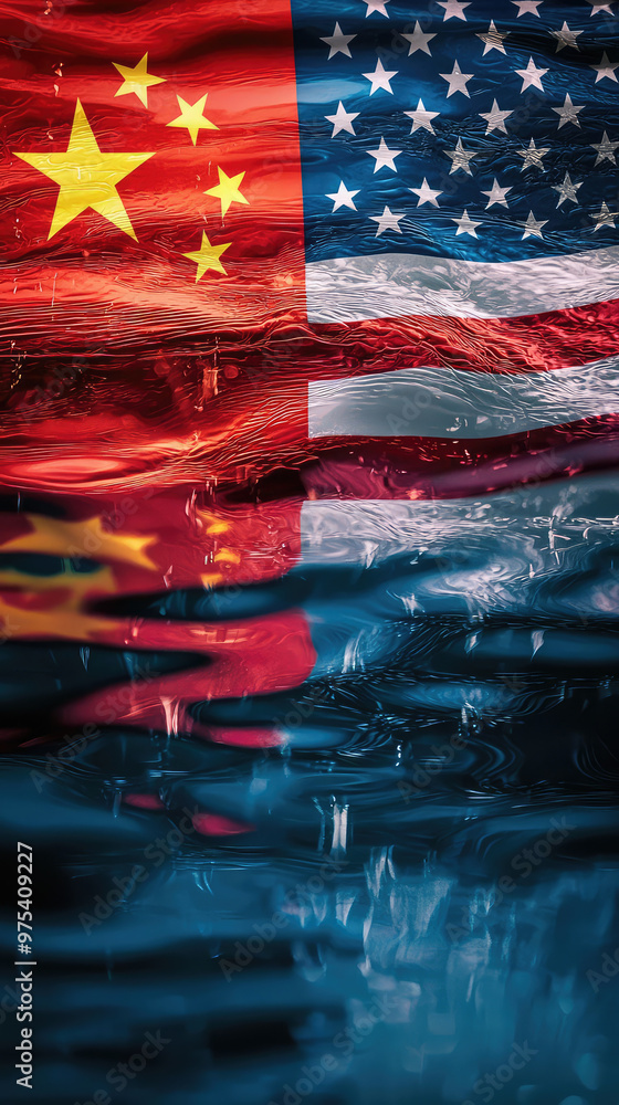 Poster image showcases an abstract reflection of american and chinese flags, creating visually striking int