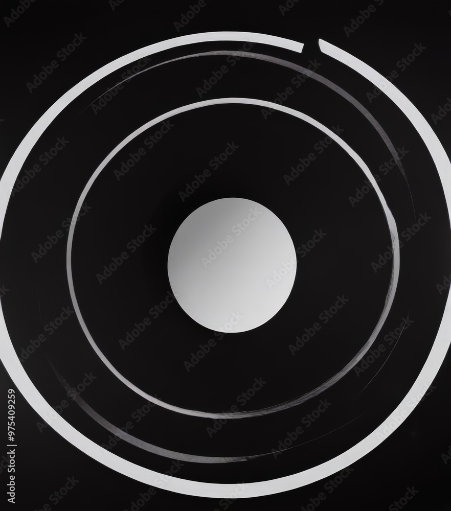 Poster the image is a black and white photograph featuring a circular pattern with a white circle in the ce