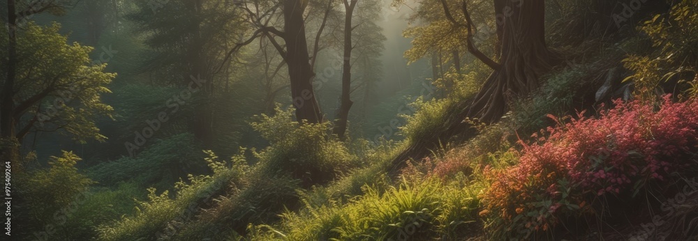 Poster a serene forest scene with a mix of green and red foliage, surrounded by tall trees and a soft, hazy