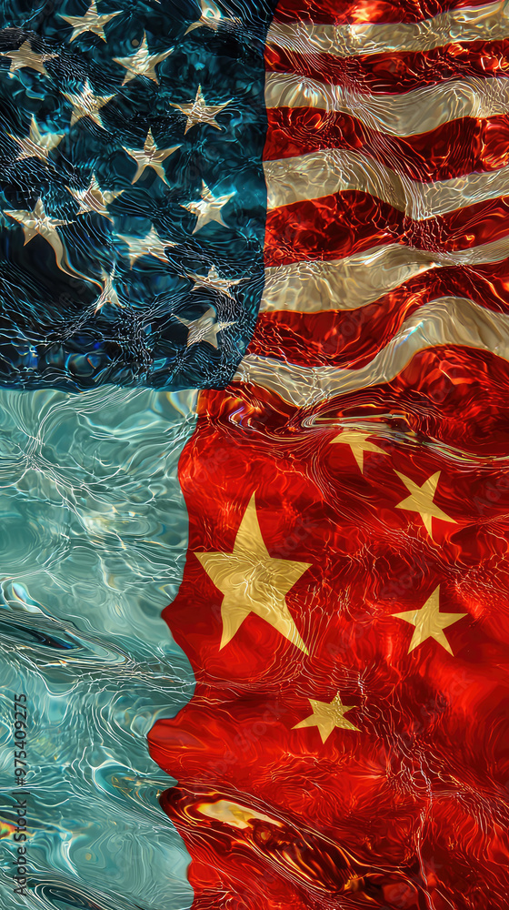 Poster image showcases an abstract reflection of american and chinese flags, creating visually striking rep