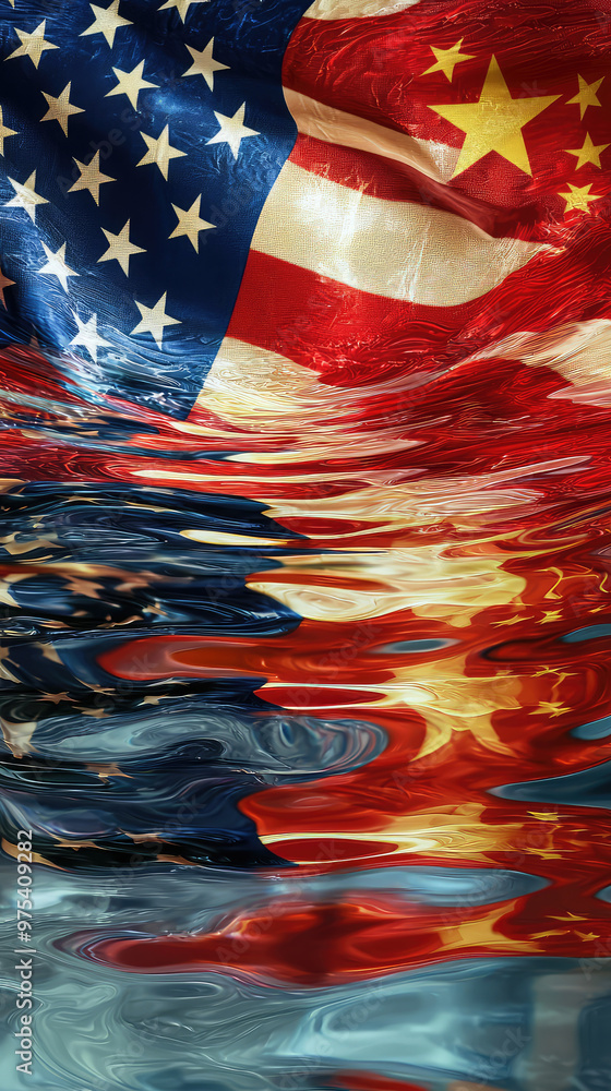 Poster image showcases an abstract reflection of american and chinese flags, creating visually striking ble