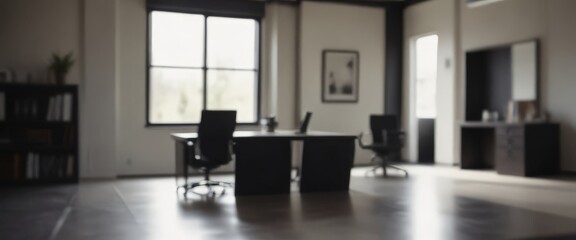 a modern office space with a large window, a desk, and two chairs.
