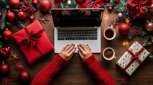 Hands typing on a laptop at a Christmas-themed desk, surrounded by red holiday gifts, ornaments, coffee cup, and festive pine branches with lights.