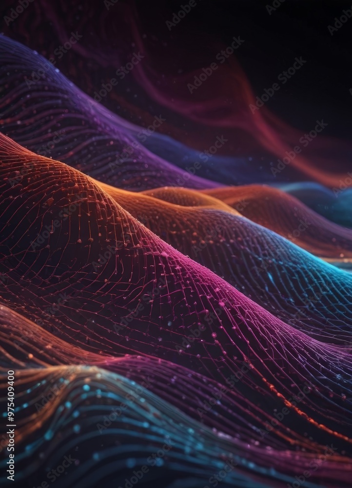 Poster the image is a digital art piece featuring a wave-like pattern with a gradient of colors, including 