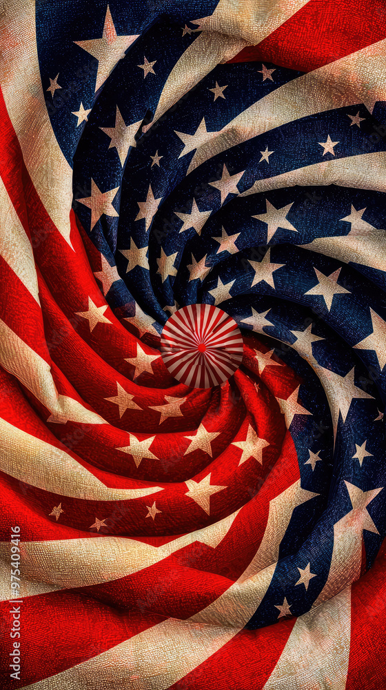 Poster image features an abstract spiraling effect that combines elements of american flag with dynamic des