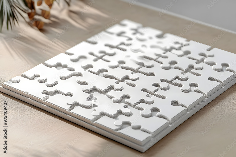 Poster toy mockup template with blank white pieces in a 3d rendering. a clear jigsaw puzzle is connected to