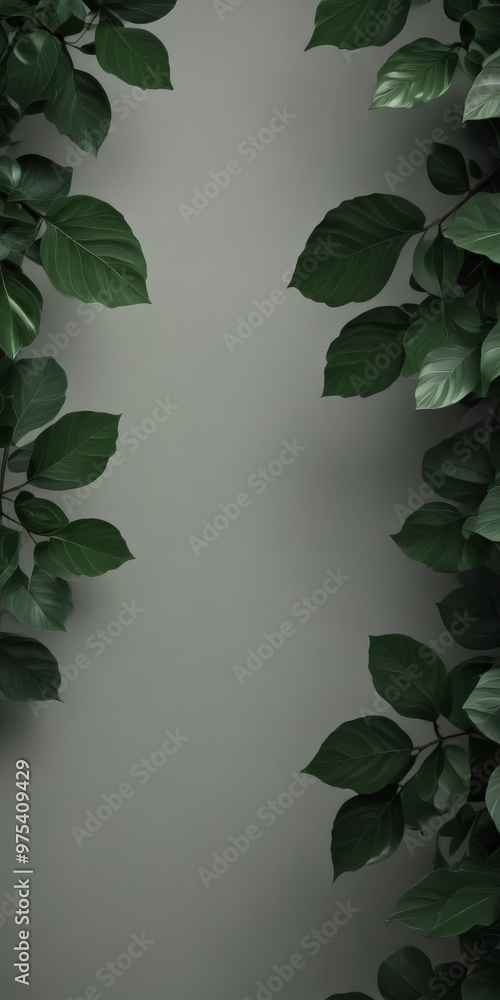 Poster a gray background with a border of lush green leaves on the left and right sides, creating a natural