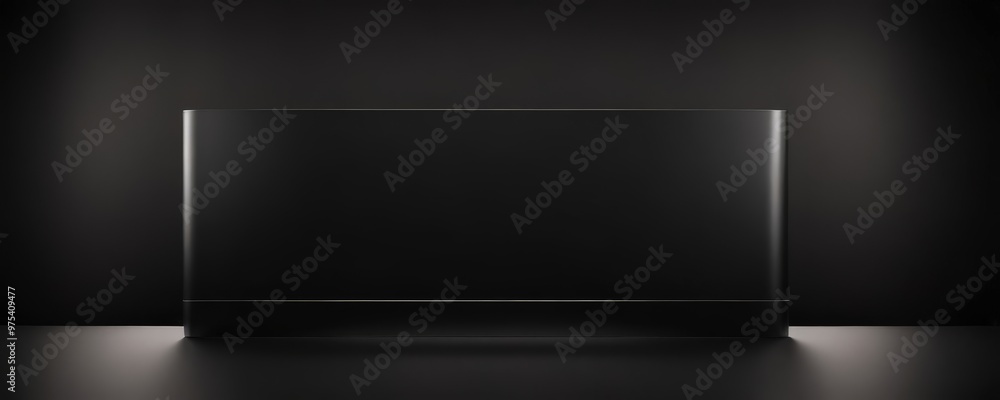 Poster a sleek, black rectangular object stands alone against a stark black background, casting a subtle sh