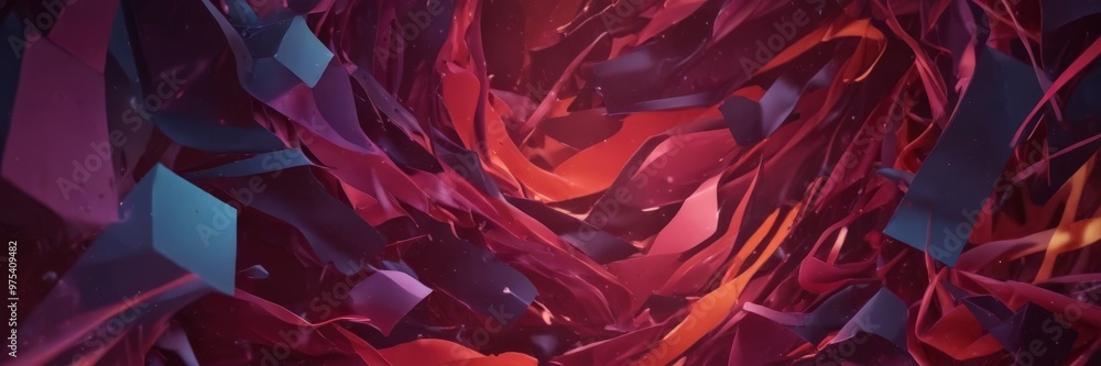 Poster the image is a digital art piece featuring a complex arrangement of abstract shapes and colors, incl