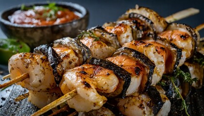 Grilled seafood skewers with depth of field highlighting charred edges and tender fish