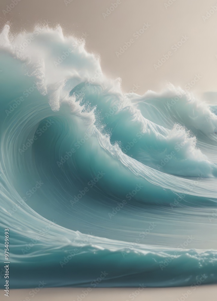 Poster a large, powerful wave with a deep blue-green color, captured from a low angle, emphasizing the wave