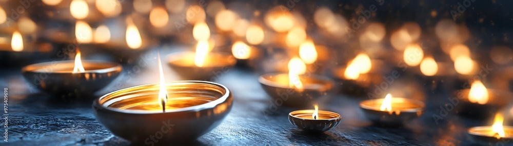 Poster a serene composition of glowing candles illuminating a dark background, creating a tranquil and medi
