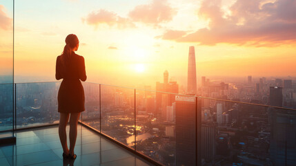 Fototapeta premium Businesswoman standing on an outdoor terrace overlooking a busy city, with glass railings and open sky