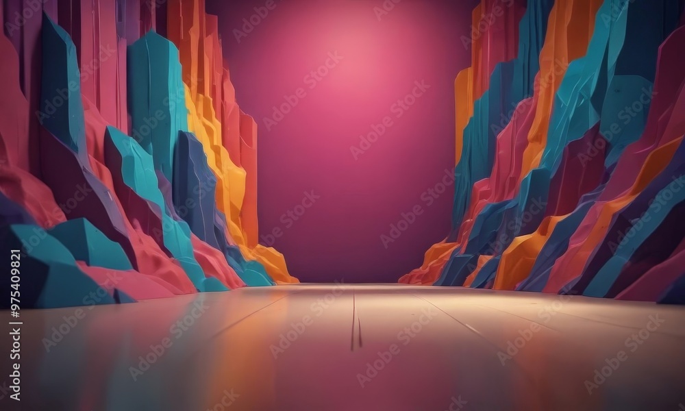 Poster a vibrant, abstract scene with a long, reflective path flanked by towering, multicolored rock format