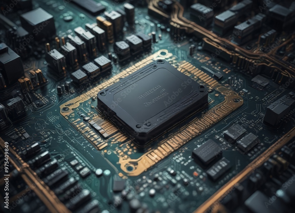 Poster a close-up of a computer chip on a circuit board, with various electronic components and traces surr