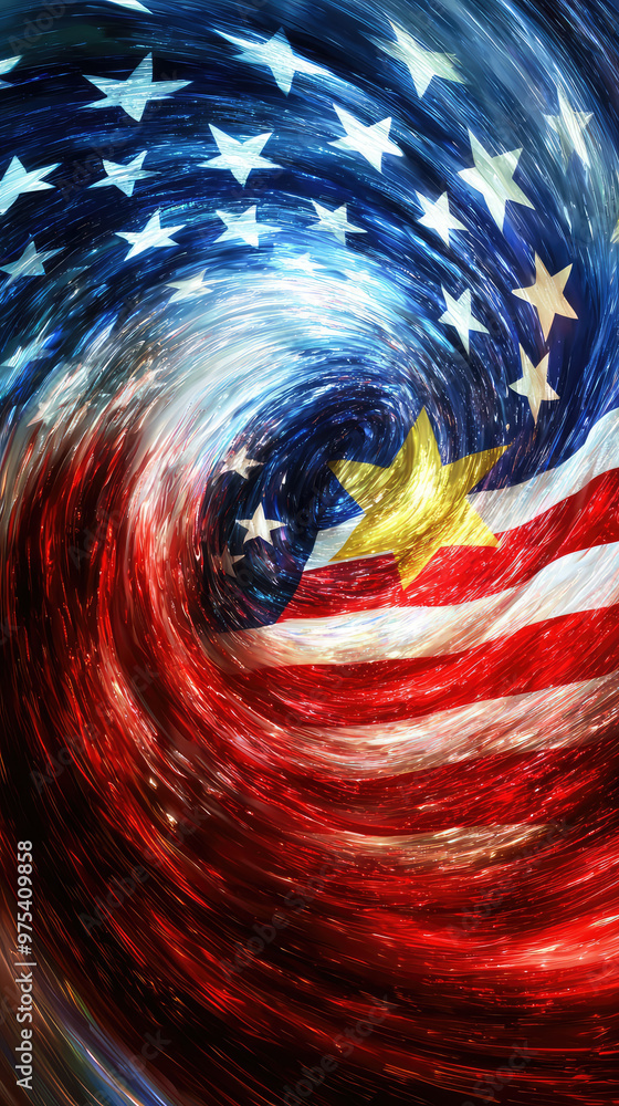 Poster abstract swirling vortex of american and chinese flags creates dynamic visual representation of unit