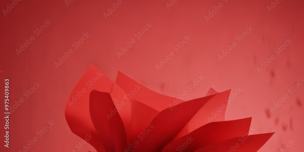 Poster abstract red flower with petals overlapping against a red background.
