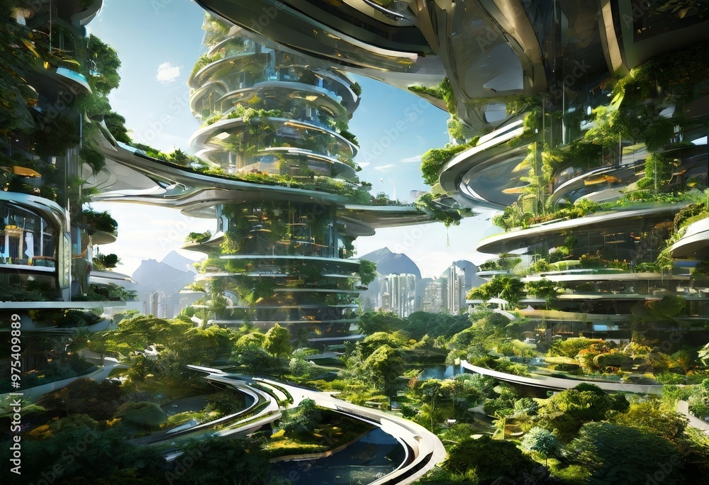Poster a futuristic cityscape with towering, interconnected structures covered in lush greenery, creating a