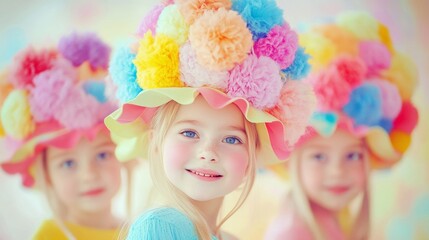 Fototapeta premium A group of three young girls with bright colorful hats made of fluffy pom-poms, smiling and posing together in a vibrant and playful setting.