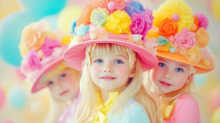 Fototapeta premium A group of three young girls with bright colorful hats made of fluffy pom-poms, smiling and posing together in a vibrant and playful setting.