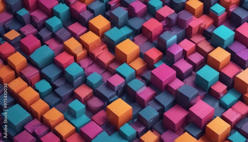 Poster a vibrant array of cubes in various shades of pink, blue, orange, and purple fills the image, creati