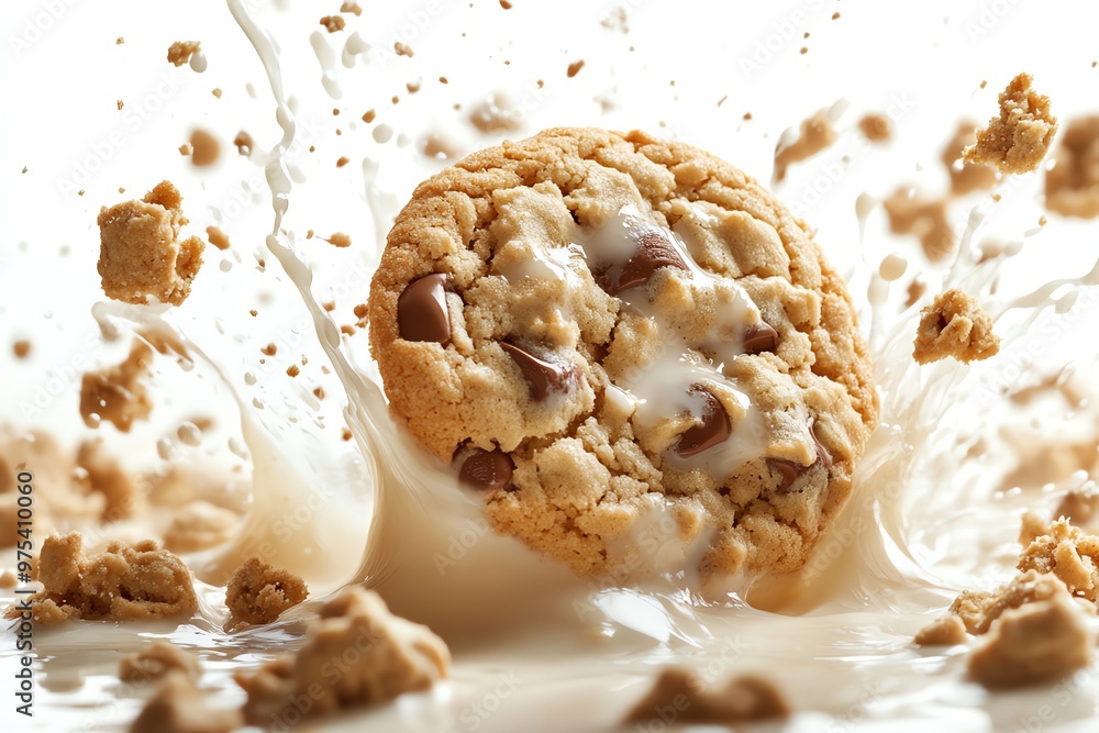 Poster close-up of a chocolate chip cookie splashing into a pool of milk with broken pieces of the cookie f