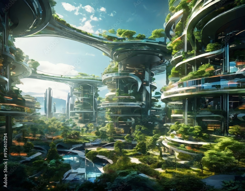 Poster a futuristic cityscape with towering structures covered in lush greenery, creating a harmonious blen