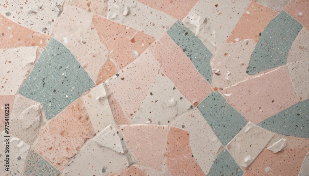 Poster a close-up view of a mosaic pattern composed of irregularly shaped tiles in various shades of pink, 