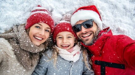 A family laying in the snow, bundled up in warm clothes and smiling for a selfie, enjoying a snowy winter day together.