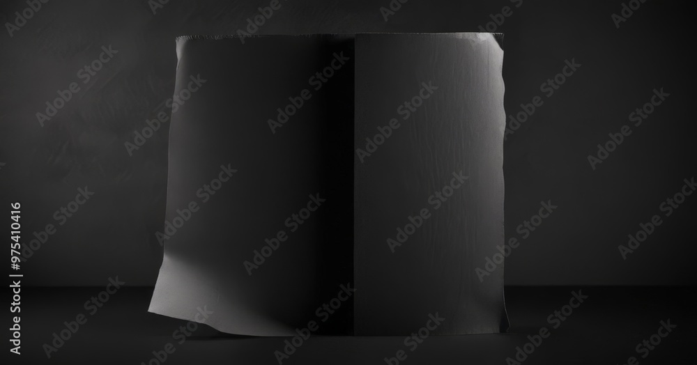 Poster an open book with a blank page stands against a dark background, casting a shadow on the right side.