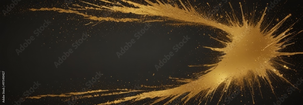 Poster a dark background with a large, golden splash of paint or ink in the center, creating a dynamic and 