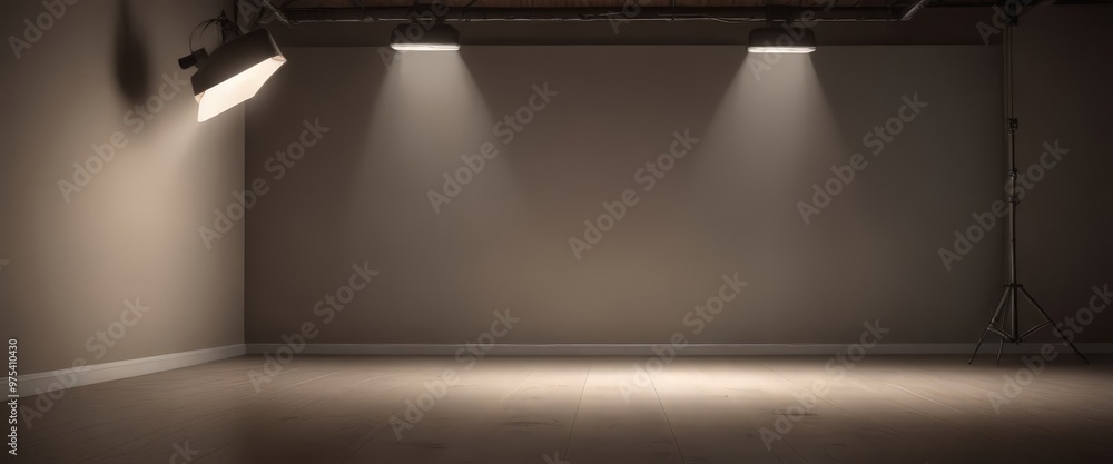 Poster a dimly lit room with a single spotlight illuminating a large blank wall, creating a dramatic and em