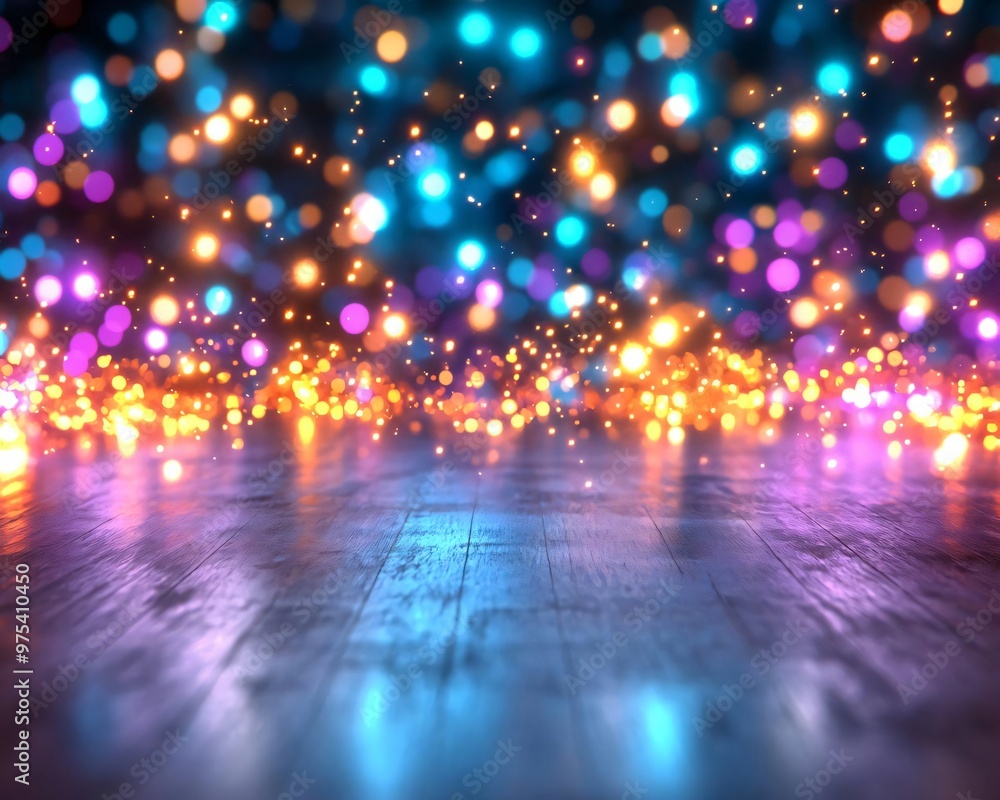 Poster a vibrant display of colorful bokeh lights on a wooden surface, creating a festive and enchanting at