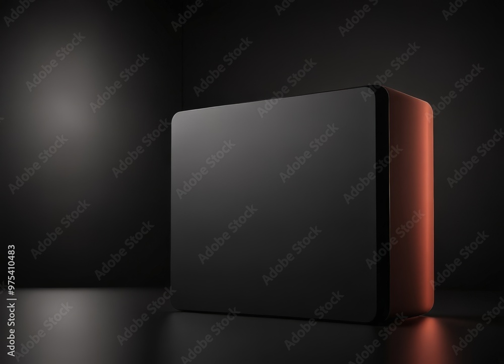 Poster a 3d of a black rectangular object with a red accent, set against a dark background with a subtle gr