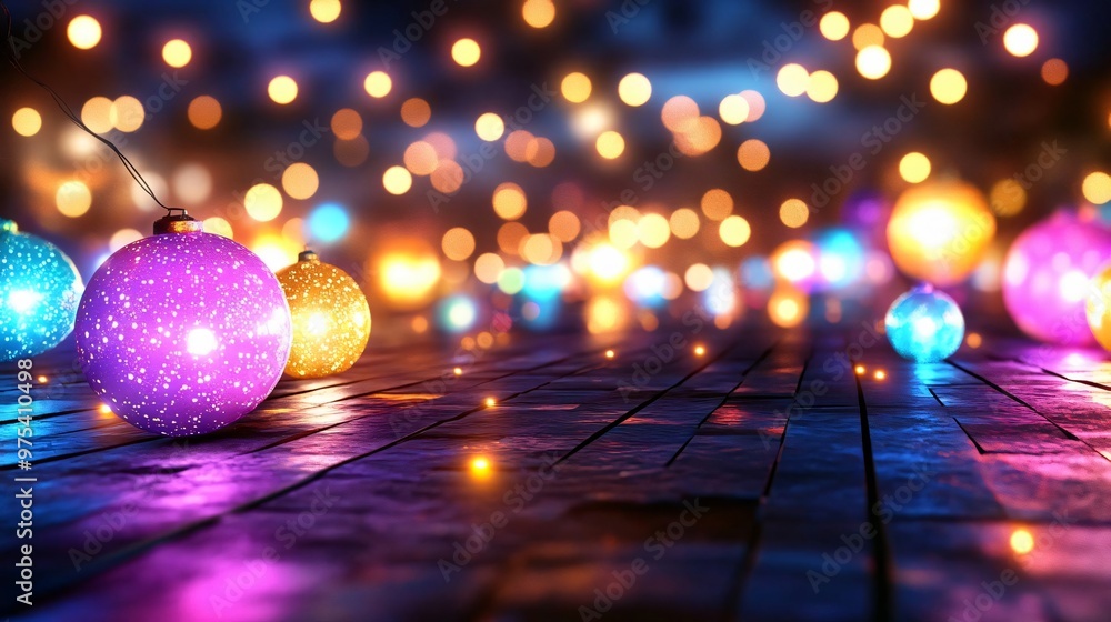 Poster a vibrant display of glowing orbs and bokeh lights, creating a magical and festive atmosphere on a w