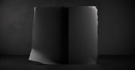 An open book with a blank page stands against a dark background, casting a shadow on the right side.