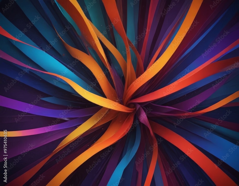 Poster a vibrant abstract composition of overlapping, curved lines in various colors including orange, blue