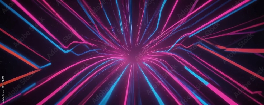 Poster a vibrant, abstract scene of neon-colored lines radiating outwards from a central point, creating a 