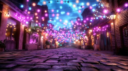 A vibrant street scene lit with colorful string lights, creating a magical atmosphere for nighttime...